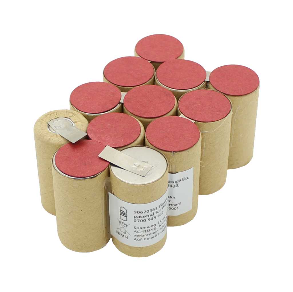 Batteriezellen-Pack aus zehn zylindrischen Zellen mit roter Abdeckung und Anschlusslaschen, teils mit Etikett