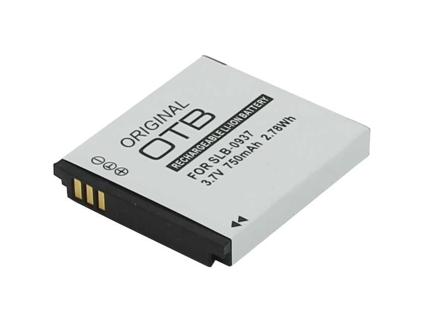 Weißer Kamera-Akku mit schwarzem Rand und vier goldfarbenen Kontakten, schräg von oben fotografiert