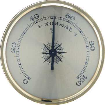 Rundes Hygrometer mit goldfarbenem Rand, Skala 0–100 und Zeiger nahe 50, mittig Kompassrose auf hellem Zifferblatt